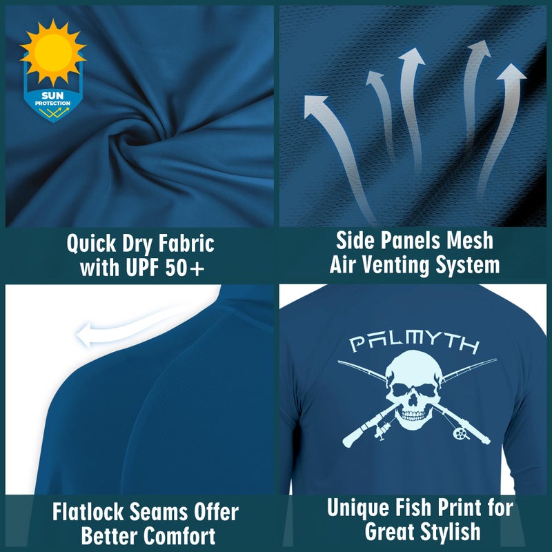 Palmyth Fishing Hoodie for Men Long Sleeve Sun Protection UV UPF 50+ Shirts(Dark Blue/Skull and Rods - Image 4